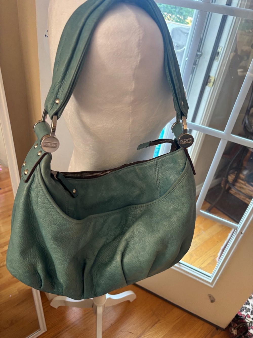 BE&D Turquoise Blue Leather Ruched Slouchy Hobo Shoulder Bag